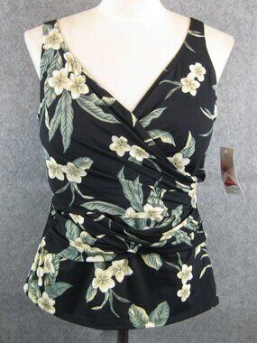 Lands End Tankini Swimsuit Top Black Floral 16 D